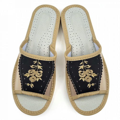 Papuci de Casa Dama Material Piele Culoare Crem/Maro Model 'Refinement Standing'