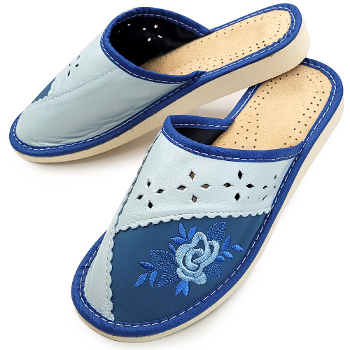 Papuci de Casa din Piele Culoare Albastru, Model &#039;Royal Roses&#039;