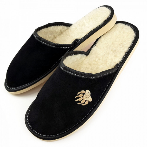 Papuci de Casa din Piele Intoarsa Imblaniti cu Lana Naturala Model &#039;Touching Bear&#039; Dark Brown 🐻