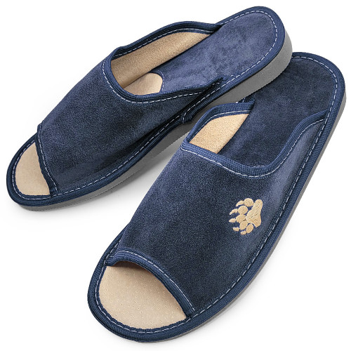 Papuci de Casa din Piele Intoarsa Model &#039;Wild Bear&#039; Culoare Albastru