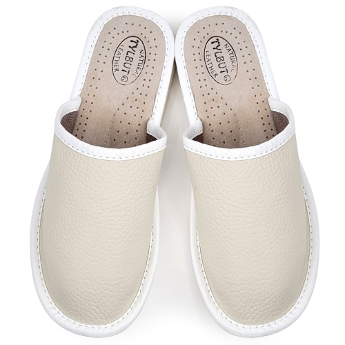 Papuci de Casa Eleganți din Piele Naturală | Model Chic Essence | Culoare Crem