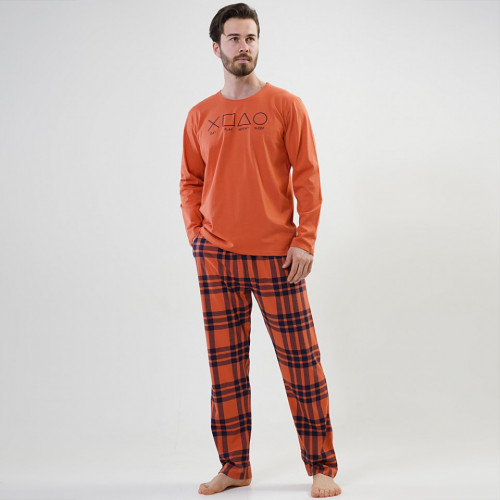 Pijamale din Bumbac Vienetta | MAN Model 'Eat, Play, Repeat, Sleep' Orange
