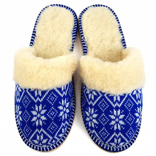 Papuci de Casa Dama Imblaniti cu Lana de Oaie Model &#039;Blue Tradition&#039;