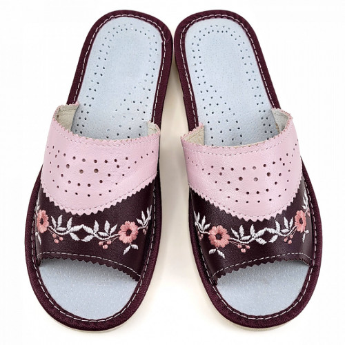 Papuci de Casa Dama Material Piele Culoare Visiniu/Roz Model 'Spring Mood'