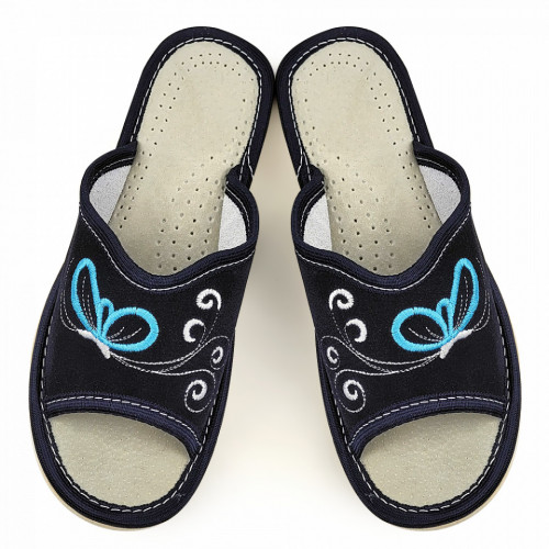 Papuci de Casa Dama Material Piele Intoarsa Culoare Albastru Model &#039;Dream Butterflies&#039;