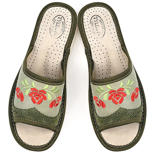 Papuci de Casa Dama Material Piele Model &#039;Mesopotamia&#039; Green