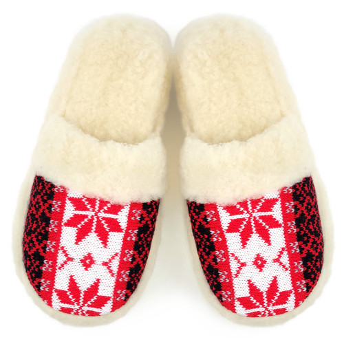 Papuci de Casa din Lana de Oaie Culoare Rosu Model 'Geometry' Hot Winter