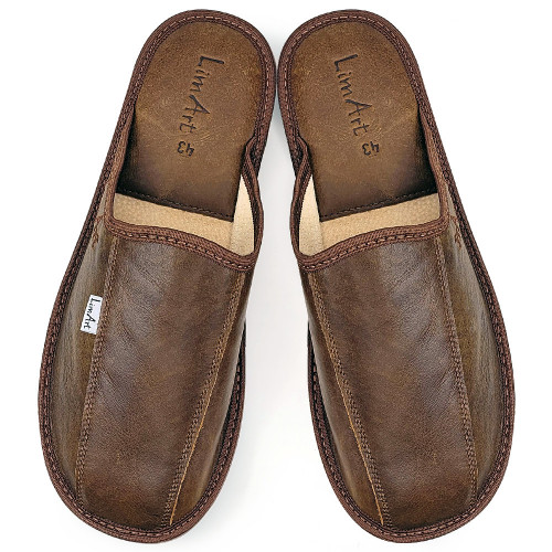 Papuci de Casa din Piele cu Talpa Groasa Culoare Maro, Model &#039;Luxury Man&#039; Brown