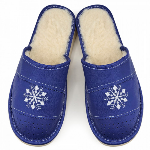Papuci de Casa din Piele si Lana de Oaie Culoare Alb Model &#039;Suflet Pur&#039; Dark Blue