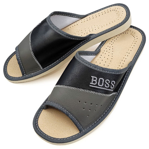 Papuci de Casa Vara din Piele Culoare Negru Model 'Boss'