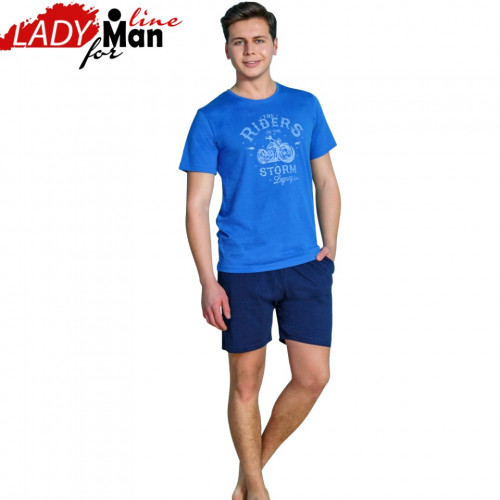 Pijama Barbati Maneca Scurta Pantalon Scurt, Model Riders On The Storm,  Material Bumbac 100%, Culoare Albastru, Brand Gazzaz by Vienetta, Pijamale 