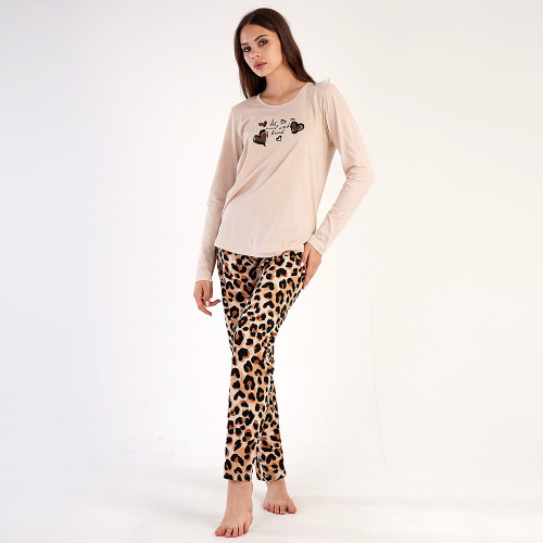 Pijamale Dama din Bumbac 100% Vienetta, Model 'Be Cool and Kind' Cream