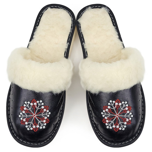 Papuci de Casa Dama Imblaniti cu Lana de Oaie Model &#039;Creation&#039; Black