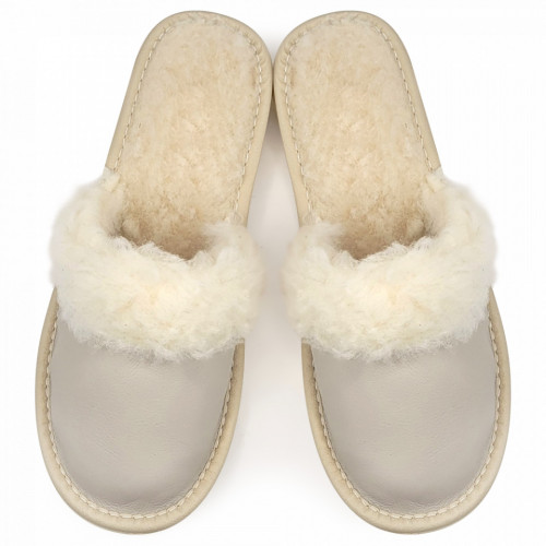 Papuci de Casa Dama Imblaniti cu Lana de Oaie Model 'Joy Season' Cream