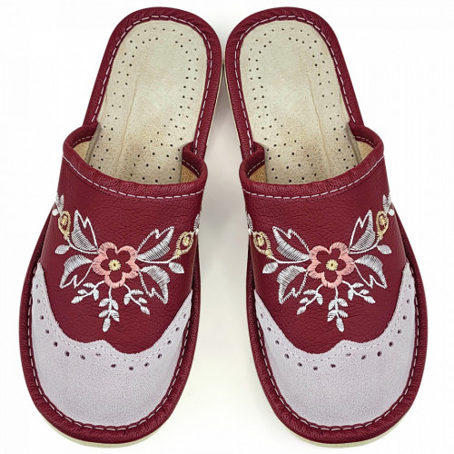 Papuci de Casa Dama Material Piele Culoare Visiniu, Model &#039;Summer London Brogue&#039;