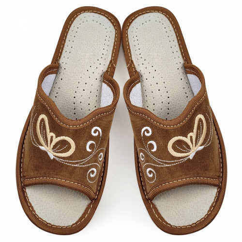 Papuci de Casa Dama Material Piele Intoarsa Culoare Maro Model &#039;Dream Butterflies&#039;