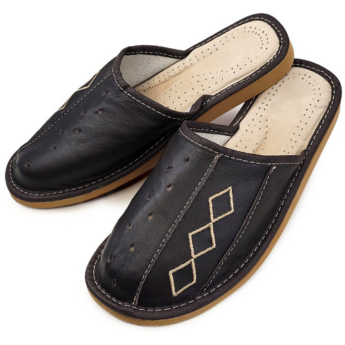 Papuci de Casa din Piele Culoare Negru Model 'Geometric Aproch'' Brown