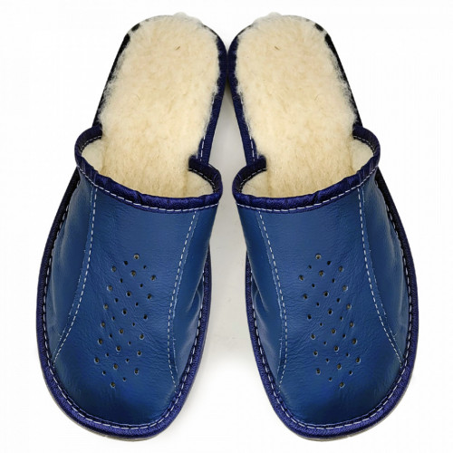 Papuci de Casa din Piele Imblaniti cu Lana Culoare Albastru Model &#039;Moonscape&#039;