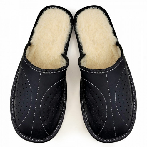Papuci de Casa din Piele Imblaniti cu Lana Culoare Negru Model &#039;Deep Black&#039;