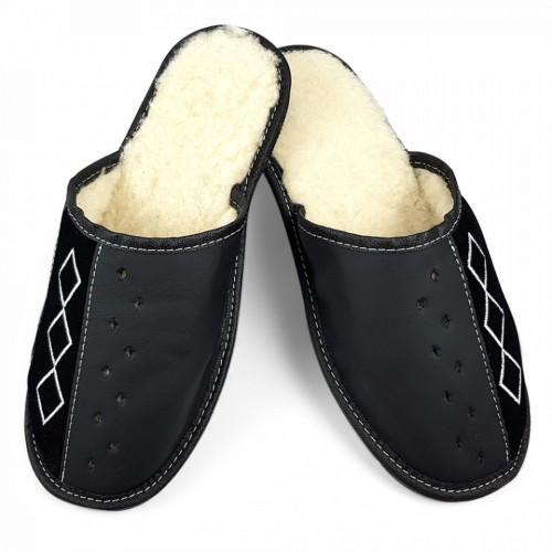 Papuci de Casa din Piele Imblaniti cu Lana de Oaie, Culoare Negru Model &#039;Geometric Aproch&#039;