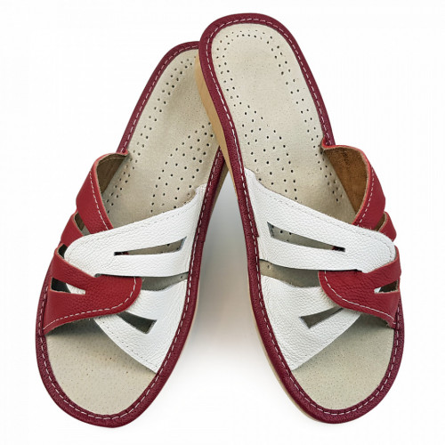 Papuci de Casa Vara din Piele Culoare Alb/Visiniu Model &#039;Glaucia&#039;