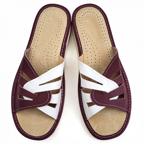 Papuci de Casa Vara din Piele Culoare Alb/Visiniu Model &#039;Ulpiana&#039;