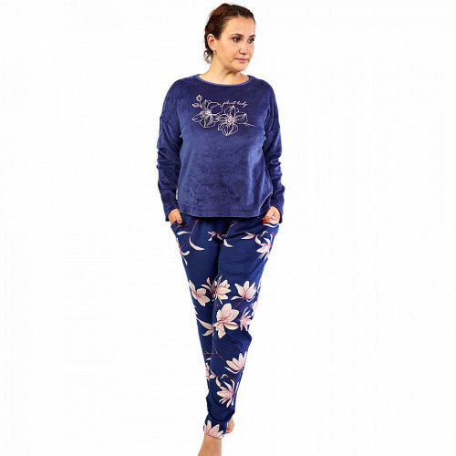 Pijamale Calduroase Dama Marimi Mari din Soft Velur Vienetta Model 'Sakura' Blue