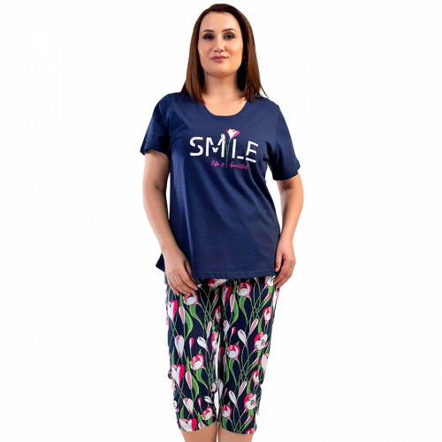 Pijamale Dama Marimi Mari din Bumbac Vienetta, Model 'Smile Life is Beautiful'