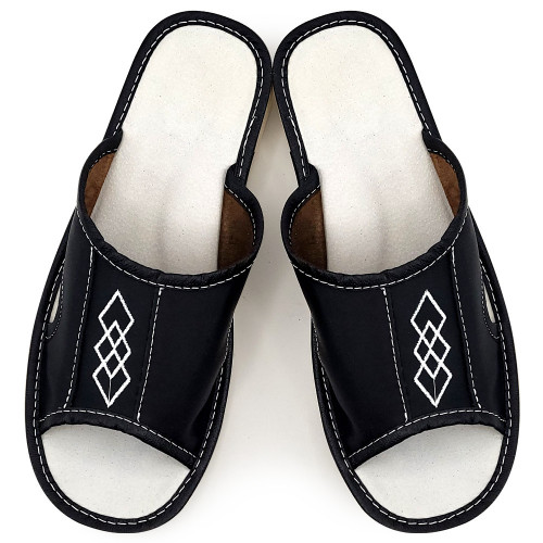 Papuci de Casa Barbati Material Piele Culoare Negru Model &#039;Black Diamond&#039;