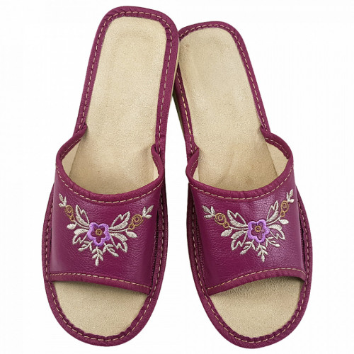 Papuci de Casa Dama, Material Piele, Culoare Mov Liliac, Model 'Lilac Blooms'
