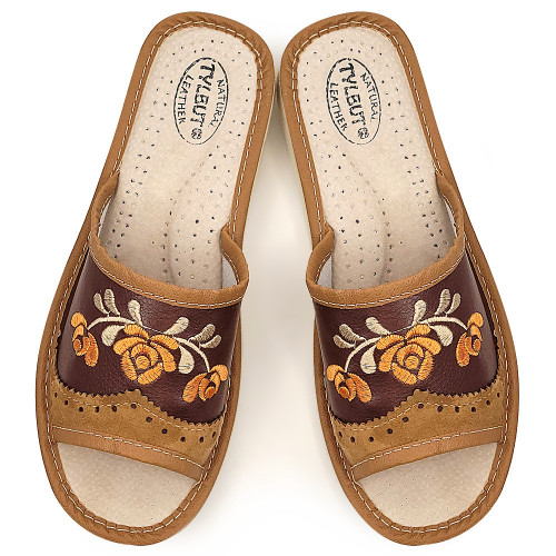 Papuci de Casa Dama Material Piele Model &#039;Mesopotamia&#039; Brown