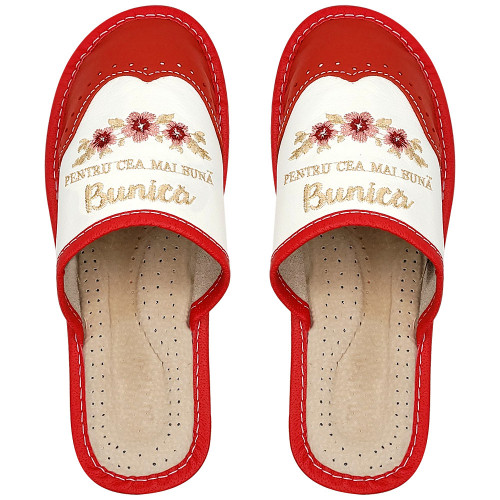 Papuci de Casa Dama Material Piele Model 'Pentru Cea Mai Buna Bunica'