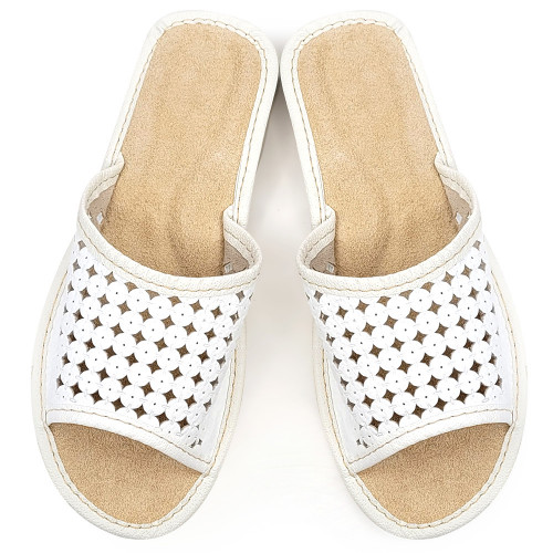 Papuci de Casa Dama Material Piele Model &#039;Summer Circles&#039; White