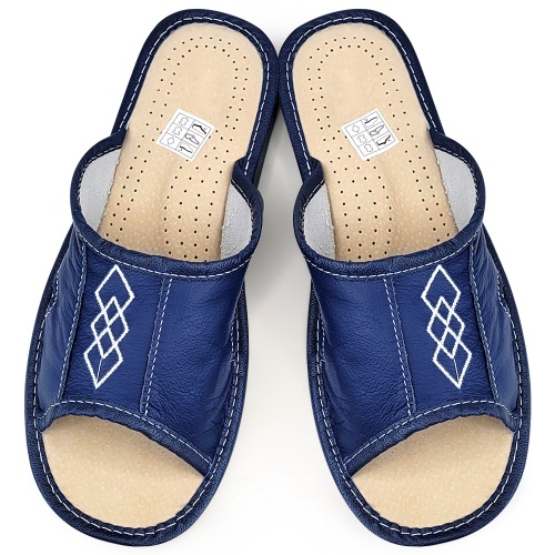 Papuci de Casa din Piele Culoare Albastru Model 'Geometric Aproch' Blue | Confort și Stil