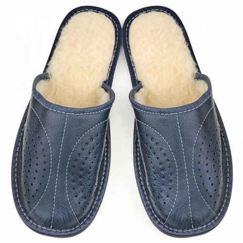 Papuci de Casa din Piele Imblaniti cu Lana Culoare Gri Albastrui Model &#039;City of Gray&#039;