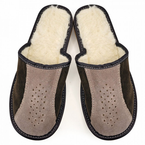 Papuci de Casa din Piele Imblaniti cu Lana Culoare Maro Model 'Tennessee' Dark