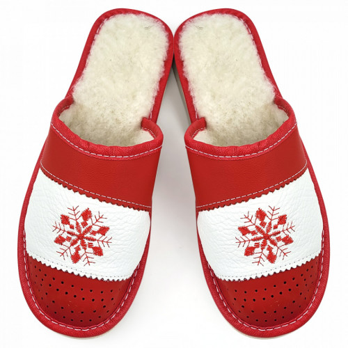 Papuci de Casa din Piele Imblaniti cu Lana Model &#039;Snow in December&#039; Red