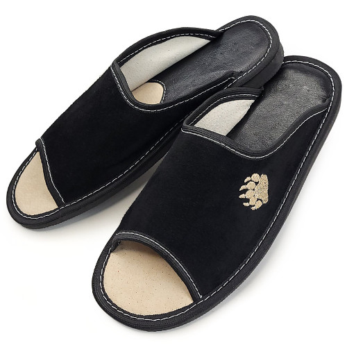 Papuci de Casa din Piele Intoarsa Model &#039;Wild Bear&#039; Culoare Negru