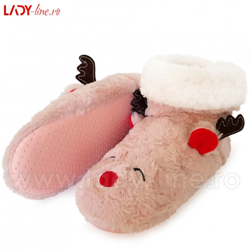 Papuci de Casa Tip Cizmulite &#039;Sleepy Rudolf&#039; Pink - Img 1