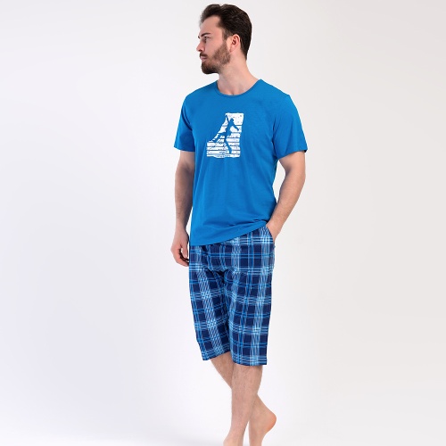 Pijamale Barbati cu Pantalon 3/4 Vienetta | MAN Model 'Cliffhanger' Blue | Libertate, Stil și Aventură