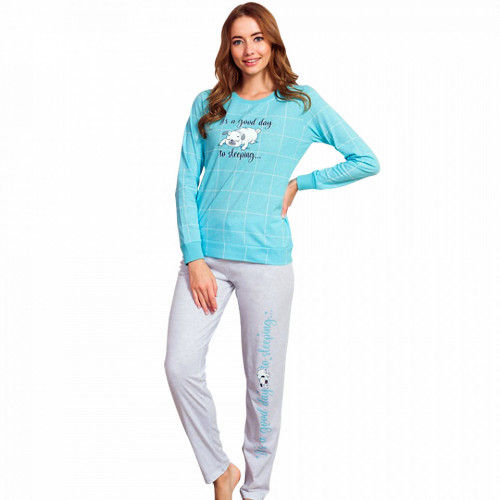 Pijamale Dama din Bumbac Vienetta Model 'It's a Good Day to Sleeping' Blue