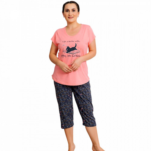 Pijamale Dama Marimi Mari Vienetta Model 'Life is Better with Coffee & Cats' Pink