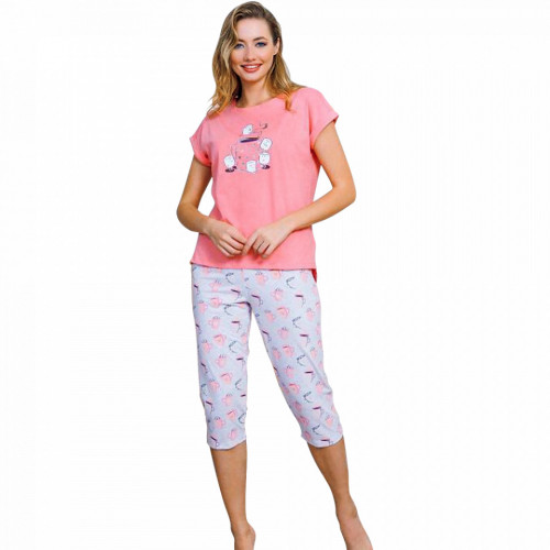 Pijamale Dama Vienetta din Bumbac cu Pantalon 3/4 Model &#039;Sweet Coffee&#039; Pink