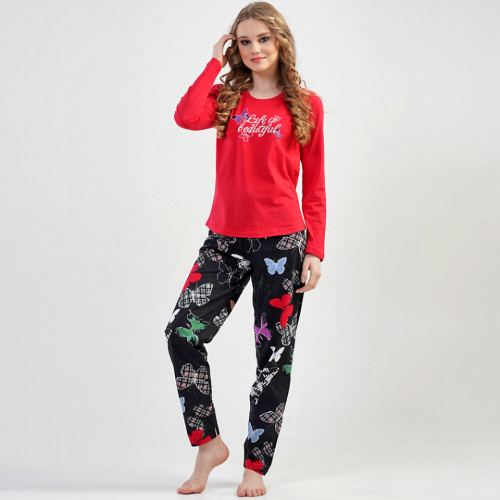 Pijamale Vienetta din Bumbac, Model 'Life is Beautiful' Red