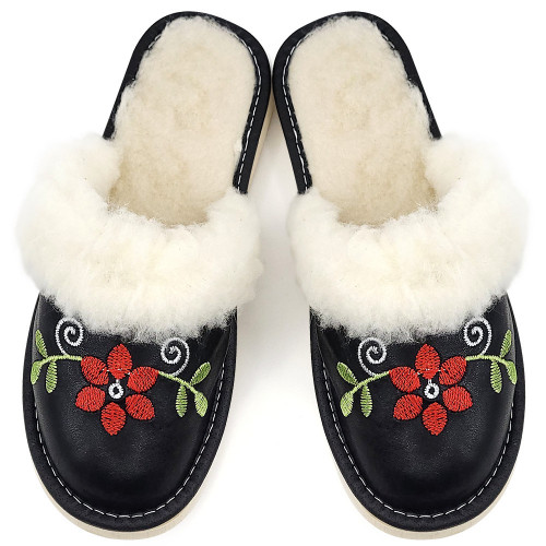 Papuci de Casa Dama Imblaniti cu Lana de Oaie Model &#039;FairyLand&#039; Black
