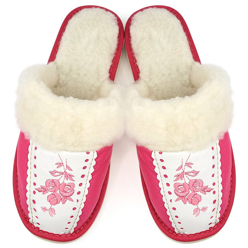Papuci de Casa Dama Imblaniti cu Lana de Oaie Model &#039;Root Traditions&#039; Deep Pink