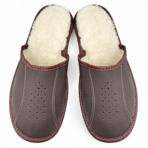 Papuci de Casa din Piele Imblaniti cu Lana Culoare Maro Model &#039;Nature Lifts&#039;