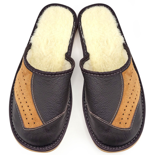 Papuci de Casa din Piele Imblaniti cu Lana Culoare Maro Model &#039;Velvet Earth&#039;