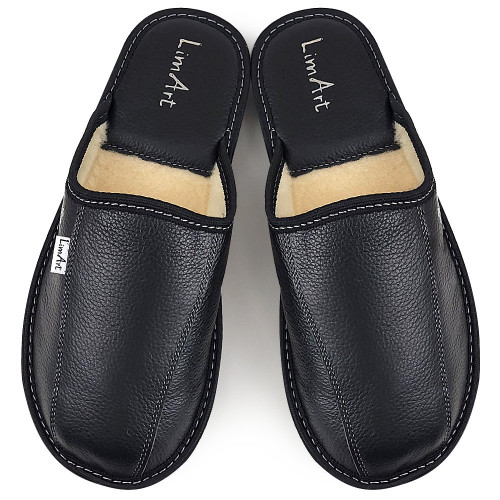 Papuci de Casa din Piele Îmblăniți cu Lână , Model &#039;Luxury Man&#039; Black