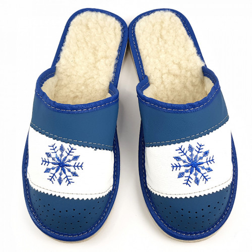 Papuci de Casa din Piele Imblaniti cu Lana Model 'Snow in December' Blue